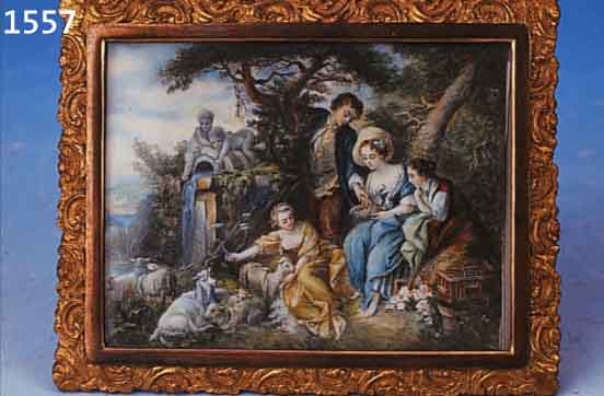 MINIATURMALEREI, DEUTSCH, UM 1900, NACH DEM VORBILD VON 1640, BUNTE FEINE GOAUCHEMALEREI AUF ELFENBEIN, VIELFIGURIGE SZENE IM ...