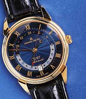 JAQUESJAQUES LEMANS HERRENARMBANDUHR GMT AUTOMATIK, SCHWEIZ UM 1995, UNGETR., ORIG.-LEDERB. M. STIFTSCHL., METALL HARTVERG., BEIDS. MINERAL- ...