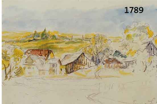 SPIRO, EUGEN, 1874-1972, BEKANNTER DEUTSCHER MALER UND GRAFIKER, DORF IN HÜGELIGER LAND- SCHAFT, MEHRFARBIGES AQUARELL ÜBER BLEISTIFT, HANDSIGN. ...