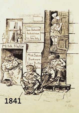 ZILLE, HEINRICH, 185-1929, VOR DEM MILCHLADEN, LITHOGRAPHIE, BLATT 33 DERFOLGE KOMM, KALINKEN, KOMM, RE. U. HANDSIGN., CA. 25 X 22 ...