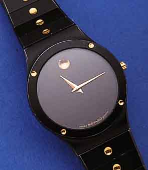 MOVADO HERRENARMBANDUHR MUSEUMS WATCH, SCHWEIZ UM 1988, METALLGEH. U. BAND SCHWARZ MATT., MINERALFLACHGL., HIGH-TECH-QUARTZW., FLACHE ...