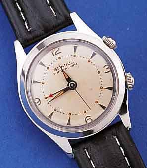 BENRUSBENRUS ARMBANDWECKER WRISTALARM, SCHWEIZ/ USA UM 1959, EDELST., BODEN GESCHR., AUßER LEDERB. ORIG.-ZUST., 17 ST., HANDAUFZUG, MO- DELL ...
