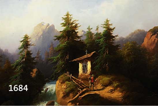 UNBEKANNTER KüNSTLER, BERGLANDSCHAFT MIT WANDERER, ÖL/LWD., UNSIGNIERT, 61 X 48 CM, FRISCH GEREINIGT, SCHöNER BAROCKRAHMEN