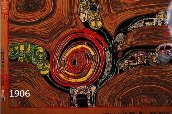 HUNDHUNDERTWASSER, FRIEDENSREICH, 1928-2000, KREISVERKEHR, AUS DER REGENTAGMAPPE, NUM. 2937/3000, CA. 49 X 67 CM, RECHTE UNTERE ECKE LEICHT BESCH.