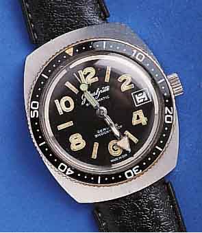 GLASHÜGLASHÜTTE HERRENARMBANDUHR SPEZIMATIC TAUCHER- DESIGN, EDELST., KAL. 75/752, DEUTSCHLAND UM 1970, KAUTSCHUKBAND, BODEN GEDR., LÜNETTE ...