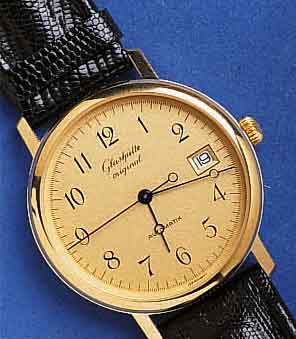 GLASHGLASHÜTTE ORIGINAL HERRENARMBANDUHR AUTOMATIK, DEUTSCHLAND 1996, ORIG.-ETUI, GARANTIEKARTE M. HERKUNFTSNACHW., LEDERB. SPÄTER, METALL ...