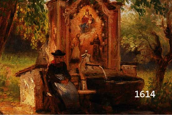 UNBEUNBEKANNTER KÜNSTLER, MÜNCHEN, UM 1900, ÖL/HOLZ, ALTE FRAU RASTET AM BRUNNEN MIT MA- RIENDENKMAL, U. RE. UNLESERLICH SIGN., CA. 25X 30.5 CM