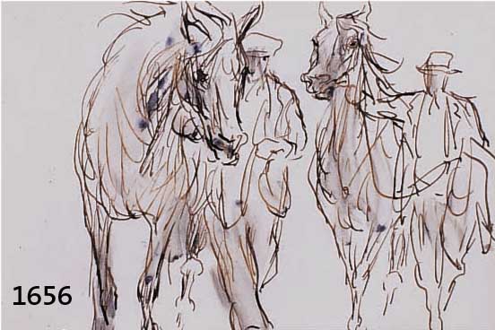 DILLDILL, OTTO, PROF., 1884 - 1957 NEUSTADT-BAD DÜRKHEIM, FEDER- ZEICHNUNG, ZWEI PFERDEFÜHRER, SIGNIERT, 11,5 X 16 CM, UNTER GLAS, RAHMEN