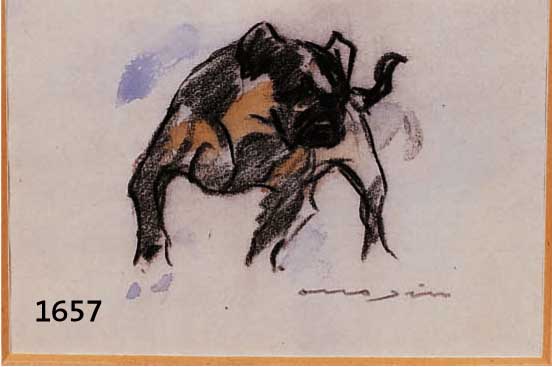 DILL,DILL, OTTO, PROF., 1884 - 1957 NEUSTADT-BAD DÜRKHEIM, KOHLEZEICHNUNG, SPARSAM BUNT STAFFIERT, HUNDEDARSTELLUNG, BOXER, SIGNIERT, 8,5 X ...