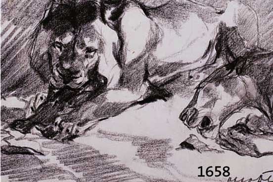 DILL,DILL, OTTO, PROF., 1884 - 1957 NEUSTADT-BAD DÜRKHEIM, KOHLEZEICHNUNG, VERMUTLICH ERSTSKIZZE VOR DEM TIER, LÖWENPAAR, SIGNIERT, DAT. 16, ...