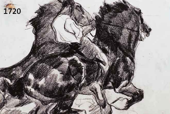 DILL, OTTO, PROF., 1884 - 1957 NEUSTADT-BAD DÜRKHEIM, KOHLEZEICHNUNG, ZWEI KALTBLÜTER MIT EINEM REITER, SIGNIERT, DAT. 17, 16,5 X 20,5 CM UNTER ...