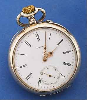 LONGINES HERRENTASCHENUHR, 800ER SILBER, FÜR DEN DTSCH. MARKT UM 1895, RÄNDER VERG., BER., MONOGR. VERSCHL. JM, EMAILBL. SIGN., VERG. ANKERW. M. ...