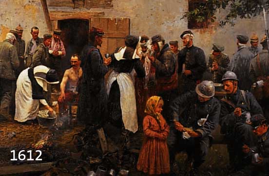 SCHöBEL, GEORG, PROF., 1860 - 1941, ÖL/LWD., DEUTSCHES LAZARETT IN VARENNES SEHR FEINE MALEREI, VIELE DEUTSCHE UND FRANZ. SOLDATEN ...