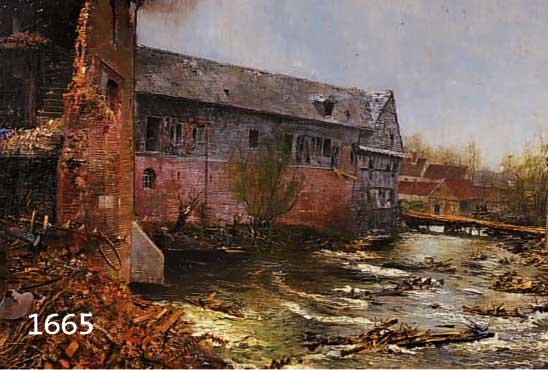 SCHöBEL, GEORG, PROF., 1860 - 1941, FRANZ. FLUßLANDSCHAFT MIT FABRIKRUINE, FEINE UND DETAILREICHE MALEREI, SIGNIERT 36 X 55,5 ...