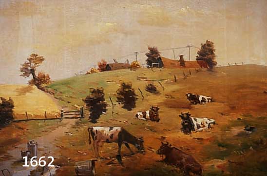 V.BV.B. ITISHALM, WOHL 1925, ÖL/ LEINWAND, DÄNISCHER MALER, WEIDENDE KÜHE VOR GEHÖFT, SIGNIERT, 65X101 CM RESTAURIERT, R.