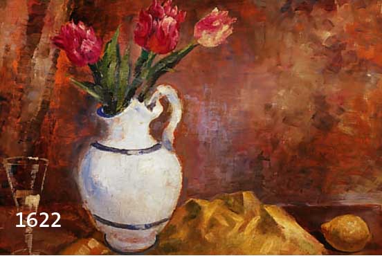 MOGENS VANTORE, 1913-1963, ÖL/HOLZ, STILLLEBEN MIT TULPEN IN VASE, SEKTGLAS U. ZITRONE, UNSIGNIERT, 54X70 CM, GOLD GEFAßTER RAHMEN