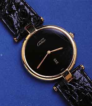 CACARTIER HERRENARMBANDUHR MUST DE CARTIER, QUARTZ, SILBER VERGOLDET, LEDERBAND, EZ 2