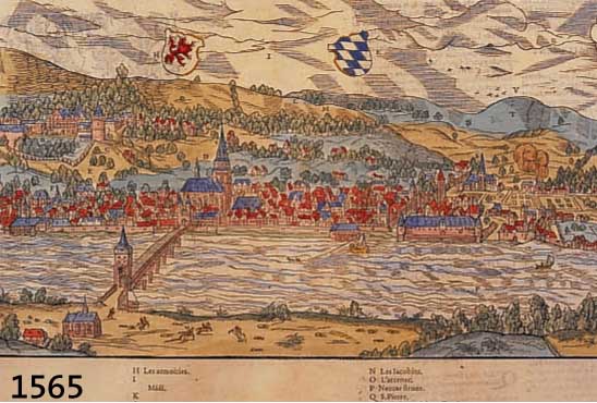 KONVOLUT VON 2 BLATT, MIT ANSICHTEN VON HEIDELBERG: 1.) KOLOR. HOLZSCHNITT AUS EINER FRANZ. AUSGABE DES SEB. MüNSTER AUF DER DOPPELTEN ...