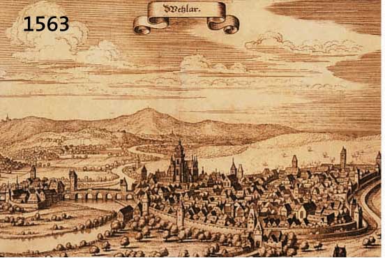 KONVOLUT VON 2 BLATT WETZLAR, 1.) KUPFER- STICH M. MERIAN, GA WETZLAR, TADELLOSES EXEMPLAR, 20 X 32 CM; 2.) ALTKOLOR. KUPFER- STICHK. V. ...
