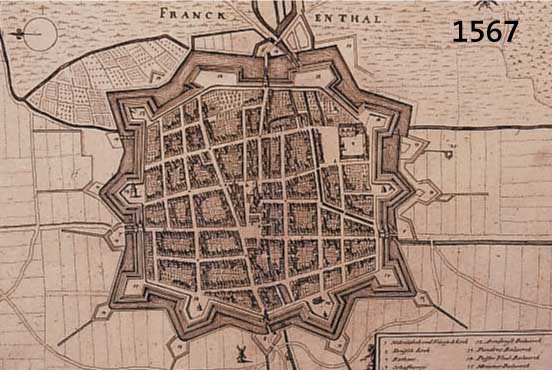 KONVOLUT VON 3 BLATT FRANKENTHAL, 1.) KUPFERSTICH M. MERIAN FRANKENTHAL AUS DER VOGELSCHAU MIT WAPPEN IM HIMMEL U. RE. U. ERKLäRUNG, ...