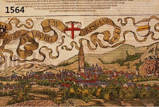 KONVOLUT VON 5 BLATT MIT ANSICHTEN VON FREIBURG, 1.) KOLOR. HOLZSCHNITT AUS EINER DEUTSCHEN AUSGABE DES SEB. MüNSTER AUF DER ...