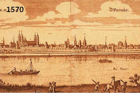 KONVOLUT VON 6 BLATT MIT ANSICHTEN VON WORMS, 1.) KUPFERSTICH M. MERIAN, GA WORMS, VON ZWEI PLATTEN GEDRUCKT, TADELLOSES BLATT MIT LEGENDE ...