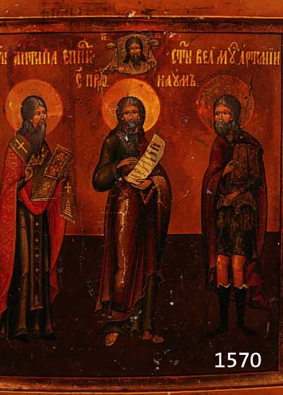 IKONIKONE, RUSSLAND, UM 1800-1830, DARSTELLUNG DREIER HEILIGER, TEMPERA AUF HOLZ, UNRESTAURIERTER ORIGINALZUSTAND MIT ALTERS- BEDINGTEN ...