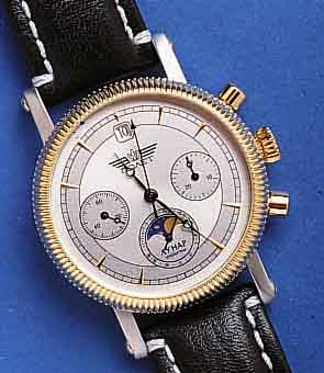 POLJOT APOLJOT ARMBANDCHRONOGRAPH MIT MONDPHASE, RUSSLAND UM 2000, EDELST. MATT., BEIDS. MINERALVERGL., RÄNDER WIE KRONE U. DRÜCKER HARTVERG., ...