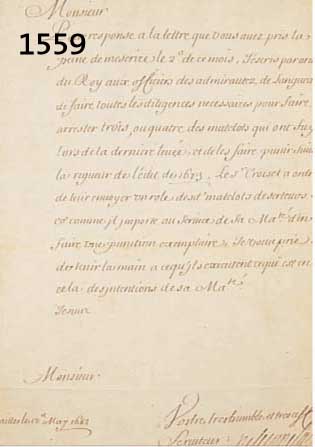 COLBERT MARQUIS DE SEIGNELEY, DOKUMENT VON 1682, VERSAILLES, ANDROHUNG VON STRAFEN FÜR FAHNENFLÜCHTIGE MATROSEN, MIT ORIGNIAL SIGNA- TUR, CA. 32 ...