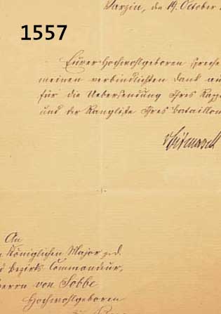 BISMABISMARCK, OTTO VON, HANDSCHRIFTLICHER DANK AN HERRN VON SOBBE FÜR DIE ÜBERSENDUNG IHRES RAPPORTS UND DER RANGLISTE IHRES BATAILLONS ZU ...