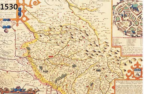 KUPFERSTICHKARTE VON BRAUN & HOGENBERG, UM 1580, AUS TEATRUM EUROPÄUM, GEGEND UM LIMOGES, ALTKOLORIERT, GEBRÄUNT, CA. 34.5 X 49 CM