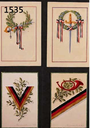 RICHTER, MAX, VIER ENTWÜRFE ZU REICHSWEHRKARTEN, GOUACHE AUF PAPIER, VON 1919, JE CA. 14 X 9 CM