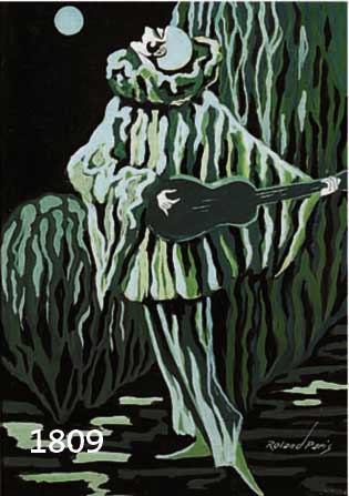 ROLAND, PARIS GOUACHE AUF PAPIER, GITARRE SPIELENDER PIERROT IN VOLLMONDNACHT, U. GL. GER., CA. 42 X 30 CM,
