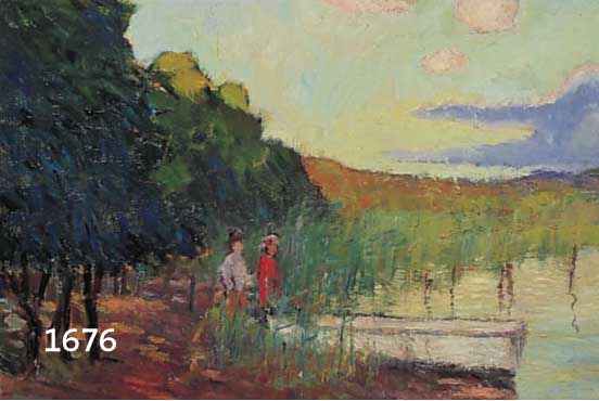 MÄNDOGER???, ÖL/LWD., IMPRESSIONIST. DARST. ZWEIER DAMEN IN BEWALDERTER UFERLANDSCHAFT, U. LI. SIGN., PASTOSER FARBAUFTRAG, CA. 46 X 55 CM, AUF ...