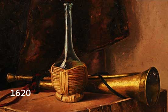 WOLTER, TONI, 1875-1929, STILLEBEN MIT KORBFLASCHE U. BLASINSTRUMENT, ÖL/MALKARTON, U. RE. DAT. U. MONOGR., CA. 38 X 52 CM, MIN. FARBABBL., ...