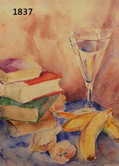 KRINNKRINNER, MICHAELA, GEB. 1915 WALDMÜNCHEN, MEISTERSCHÜLERIN OSKAR KOKOSCHKAS, HIER: STILLEBEN MIT BÜCHERN UND OBST, AQUARELL, LI. O. SIGN. ...