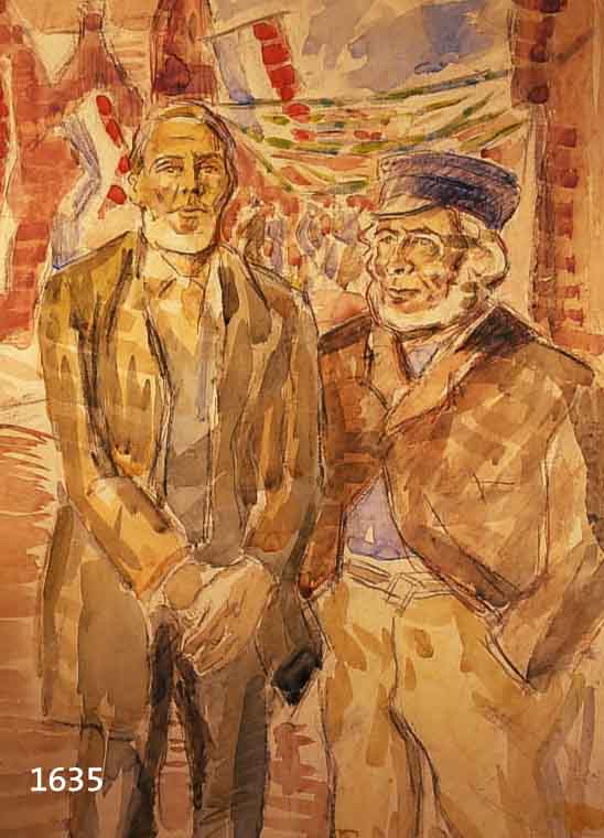 WIMMER, FRITZ, ZWEI MÄNNER VOR JAHRMARKTSTREIBEN, AQUARELL, UNSIGNIERT, IM WERKSVERZEICHNIS GANZSEITIG ABGEBILDET, CA. 63 X 47 CM, PP, U.GL., R.
