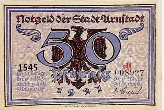 WEBERWEBER, A.PAUL, 1893 ARNSTADT-1980, KONVOLUT NOTGELDSCHEINE DER STADT ARNSTADT, GESTALTET VON A.P.WEBER, KOMPLETTE SERIE 10 PFG, 25 PFG. 50 ...
