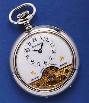 HEBDOMHEBDOMAS HERRENTASCHENUHR OFFEN 8-TAGEWERK, METALL VERS., SCHWEIZ NACH VORLAGE UM 1917, GEFERT. UM 1980, WERK VERG., SCHWUNGBER. DER UNR. ...