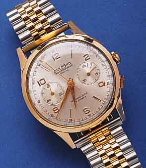 OLYMPIC ARMBANDCHRONOGRAPH, SCHWEIZ UM 1948, ROSE-G. 750/000, BODEN U. GLASR. GEDR., METALLCUV. ZUR ARMIERUNG (GEH. DELLIG/TEILW. AUS REP.-GRÜNDEN ...