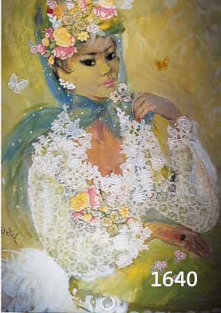 WEDEL, SILVIA VON, BIBERACH, 20. JH. GOUACHE MIT TEXTILIEN, ELEGANTE DAME MIT BLUMEN UND SCHMETTERLINGEN, BLUMEN, HUT UND BLUSE MIT STOFFBLUMEN ...