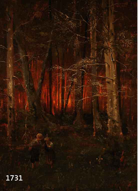 LANG, ALBERT, 1847 KARLSRUHE-1933 MüNCHEN, ZWEI KINDER AUF EINER ABENDLICHEN WALDLICH- TUNG, ÖL/LWD., AUF HOLZ AUFGEZOGEN, RE. U. SIGN. U. ...