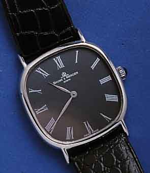 BAUME &BAUME & MERCIER HERRENARMBANDUHR, EDELSTAHL- GEH., BODEN GEDR., SAPHIRSCHMUCKKRONE, KON- TRASTZIFFERBL., SAPHIRFLACHGL., ORIG.-LEDERBD. , ...