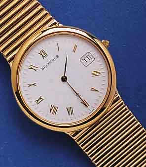 BUCHERER HERRENARMBANDUHR QUARTZ, SCHWEIZ UM 1988, METALL HARTVERG., EDELST.-BODEN 4-FACH VERSCHR., SAPHIRFLACHGL., DATUM M. SCHNELLKOR- REKTUR, ...