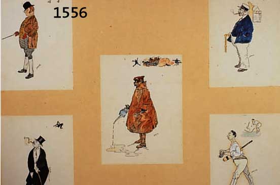 UNBEKUNBEK. KÜNSTLER, ENDE 19. JH., WITZIGE KARIKATUREN VON MÄNNERTYPEN, 5 AQUA- RELLE, JEWEILS UNLESERL. MONOGR., ALLE AUFGE- ZOGEN UND IN ...
