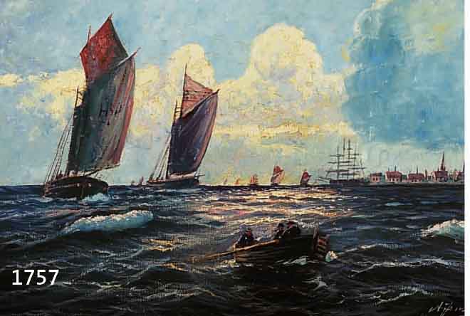 JENJENSEN, ALFRED, 1903-1981, SEGEL- UND FISCHERBOOTE VOR HAFENSTADT, ÖL/LWD, RE. U. SIGN., CA. 55 X 75 CM, R.