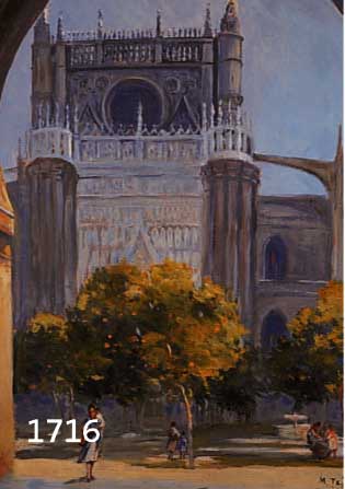 TEJETEJERO, M., SPANISCHER KÜNSTLER, DATIERT SEVILLA 1942, BLICK AUF DIE KATHEDRALE, ÖL/LWD, RE. U. SIGN. UND DAT., CA. 40 X 32,5 CM, R.