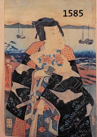 TOYOKUNI II, FARBHOLZSCHNITT, 19. JH., SCHAUSPIELER MIT FÄCHER UND SCHWERT, AUSGE- BLEICHT, ALTERSBEDINGT L. FLECKIG, 35,5 X 22,5 CM, MIN. BESCH.