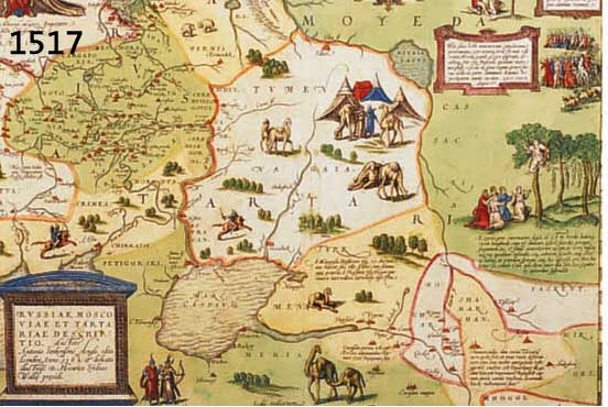 KUPKUPFERSTICH, UM 1580, KOLORIERT, RUßLAND MIT MOSKAU, DAT. 1562, 34,5 X 43 CM, BUGFALTE, GEBRÄUNT