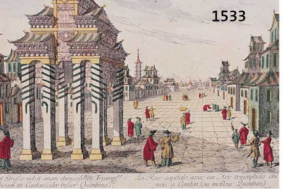 KOLORIERTER KUPFERSTICH, UM 1720-30, DIE HAUPTSTRAßE NEBST EINEM CHINESISCHEN TRIUMPHBOGEN IN KANTON, CA. 30 X 39 CM, GEBRÄUNT, RÄNDER ...